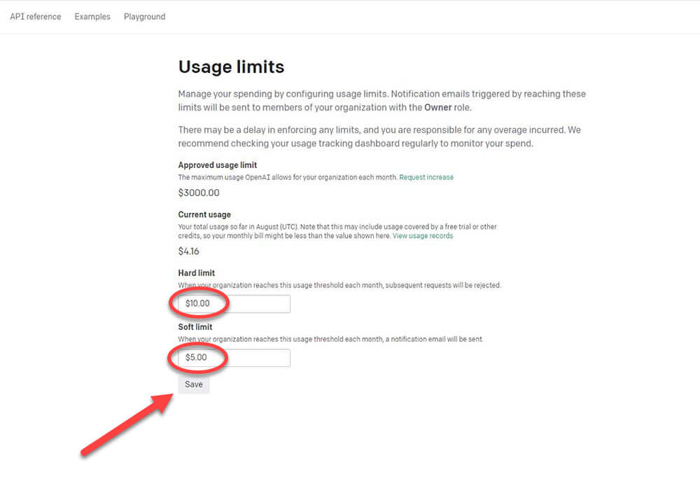 How to set usage limits on openai.com